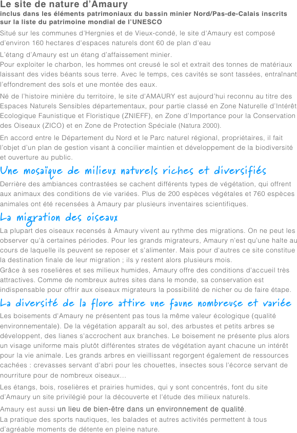 Le site de nature d’Amaury inclus dans les éléments patrimoniaux du bassin minier Nord/Pas-de-Calais inscrits sur la liste du patrimoine mondial de l’UNESCO
Situé sur les communes d'Hergnies et de Vieux-condé, le site d'Amaury est composé d’environ 160 hectares d'espaces naturels dont 60 de plan d'eau
L’étang d’Amaury est un étang d’affaissement minier.Pour exploiter le charbon, les hommes ont creusé le sol et extrait des tonnes de matériaux laissant des vides béants sous terre. Avec le temps, ces cavités se sont tassées, entraînant l’effondrement des sols et une montée des eaux. Né de l’histoire minière du territoire, le site d'AMAURY est aujourd’hui reconnu au titre des Espaces Naturels Sensibles départementaux, pour partie classé en Zone Naturelle d’Intérêt Ecologique Faunistique et Floristique (ZNIEFF), en Zone d’Importance pour la Conservation des Oiseaux (ZICO) et en Zone de Protection Spéciale (Natura 2000).
En accord entre le Département du Nord et le Parc naturel régional, propriétaires, il fait l’objet d’un plan de gestion visant à concilier maintien et développement de la biodiversité et ouverture au public.Une mosaïque de milieux naturels riches et diversifiésDerrière des ambiances contrastées se cachent différents types de végétation, qui offrent aux animaux des conditions de vie variées. Plus de 200 espèces végétales et 760 espèces animales ont été recensées à Amaury par plusieurs inventaires scientifiques.La migration des oiseauxLa plupart des oiseaux recensés à Amaury vivent au rythme des migrations. On ne peut les observer qu'à certaines périodes. Pour les grands migrateurs, Amaury n'est qu'une halte au cours de laquelle ils peuvent se reposer et s'alimenter. Mais pour d'autres ce site constitue la destination finale de leur migration ; ils y restent alors plusieurs mois. Grâce à ses roselières et ses milieux humides, Amaury offre des conditions d'accueil très attractives. Comme de nombreux autres sites dans le monde, sa conservation est indispensable pour offrir aux oiseaux migrateurs la possibilité de nicher ou de faire étape.La diversité de la flore attire une faune nombreuse et variéeLes boisements d'Amaury ne présentent pas tous la même valeur écologique (qualité environnementale). De la végétation apparaît au sol, des arbustes et petits arbres se développent, des lianes s'accrochent aux branches. Le boisement ne présente plus alors un visage uniforme mais plutôt différentes strates de végétation ayant chacune un intérêt pour la vie animale. Les grands arbres en vieillissant regorgent également de ressources cachées : crevasses servant d'abri pour les chouettes, insectes sous l'écorce servant de nourriture pour de nombreux oiseaux…Les étangs, bois, roselières et prairies humides, qui y sont concentrés, font du site d’Amaury un site privilégié pour la découverte et l'étude des milieux naturels.Amaury est aussi un lieu de bien-être dans un environnement de qualité.La pratique des sports nautiques, les balades et autres activités permettent à tous d’agréable moments de détente en pleine nature.